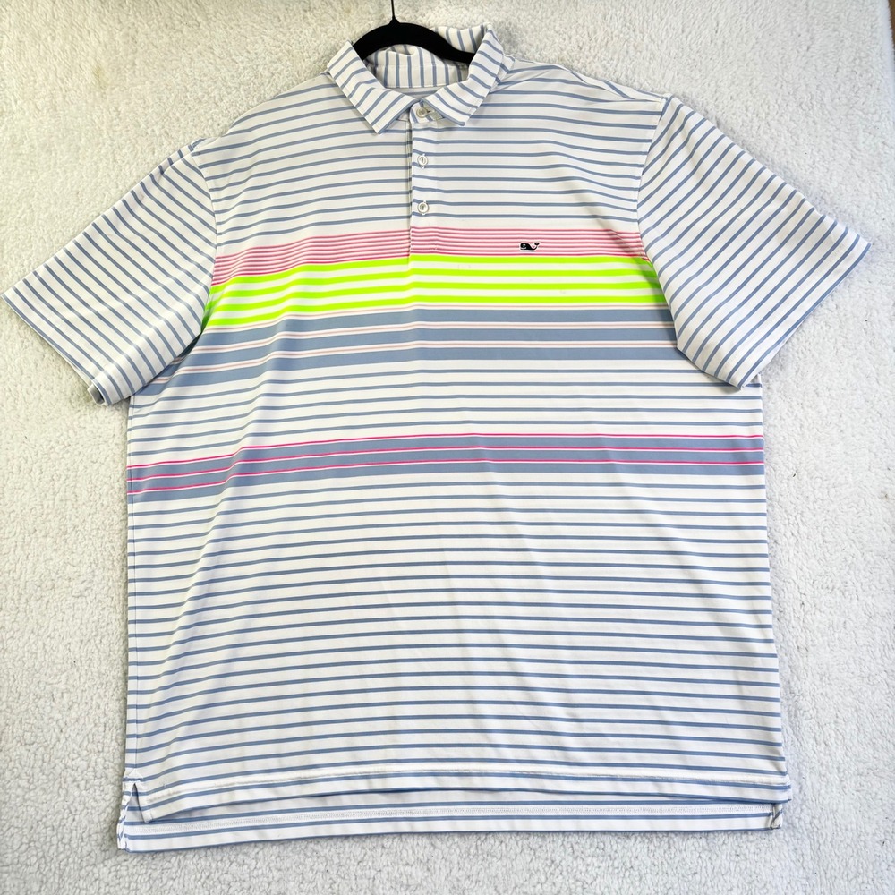 Vineyard Vines On-The-Go Sankaty Polo Mens XXL Blue Neon Striped Golf Shirt
